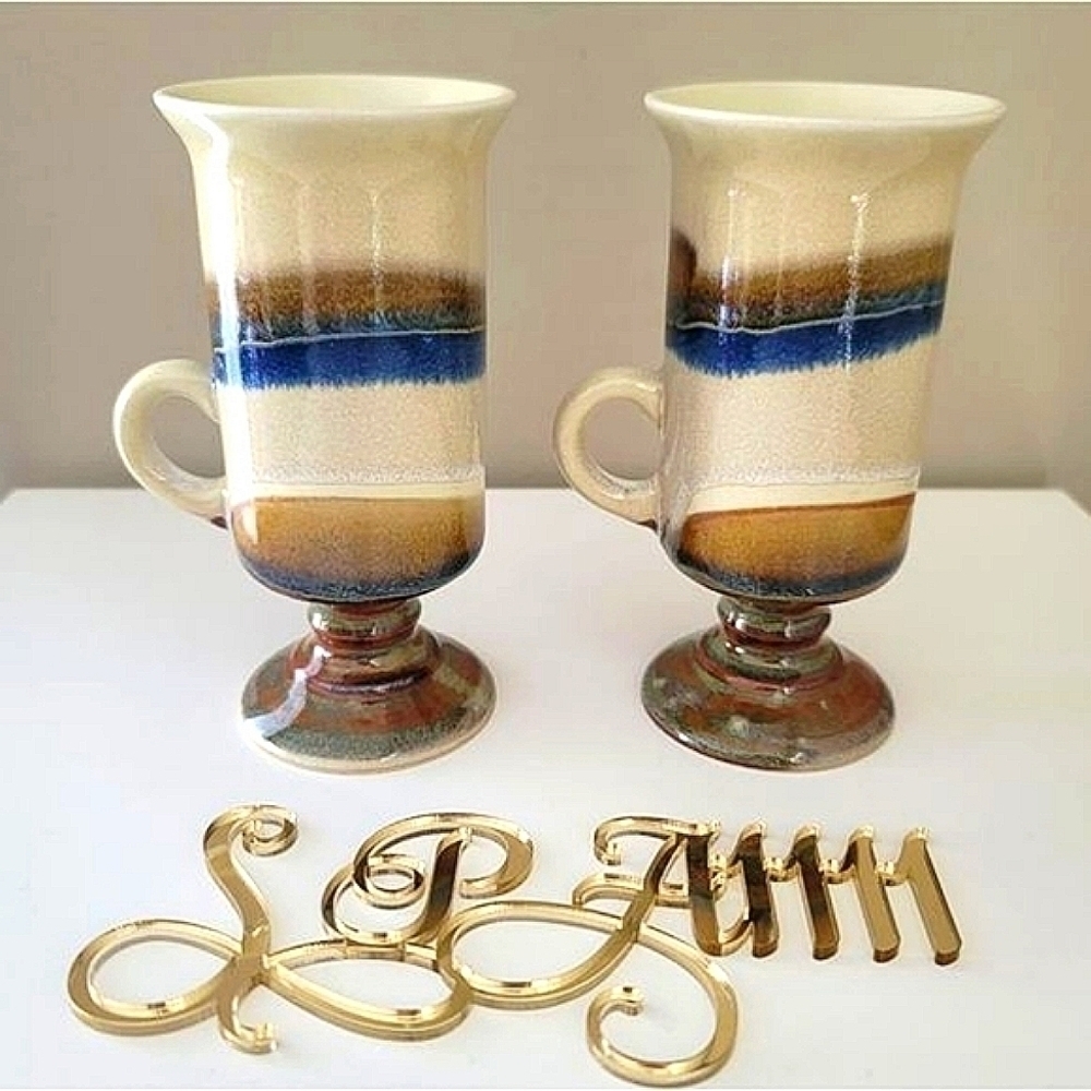 Vintage Otagiri Irish Coffee Mugs Pedestal Blue Beige Set of 2 1049 A